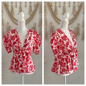 SHEIN puff sleeve tie front blouse ruffle top pink white Valentine’s Day medium